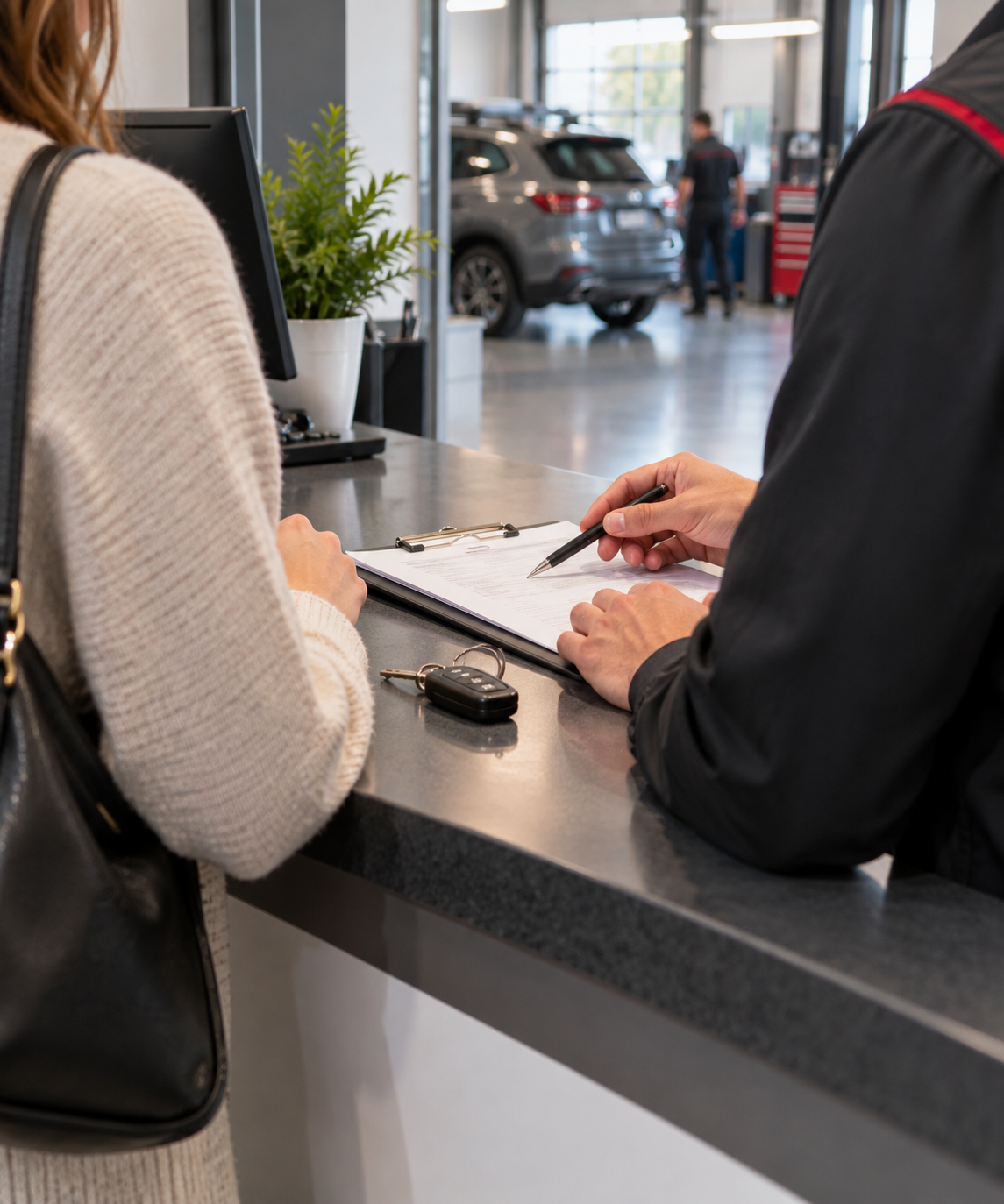 A woman and a man at a car dealership counter, with a paper and pen, keys, and a computer in front of them. Cars and a person walking in the showroom are visible in the background.