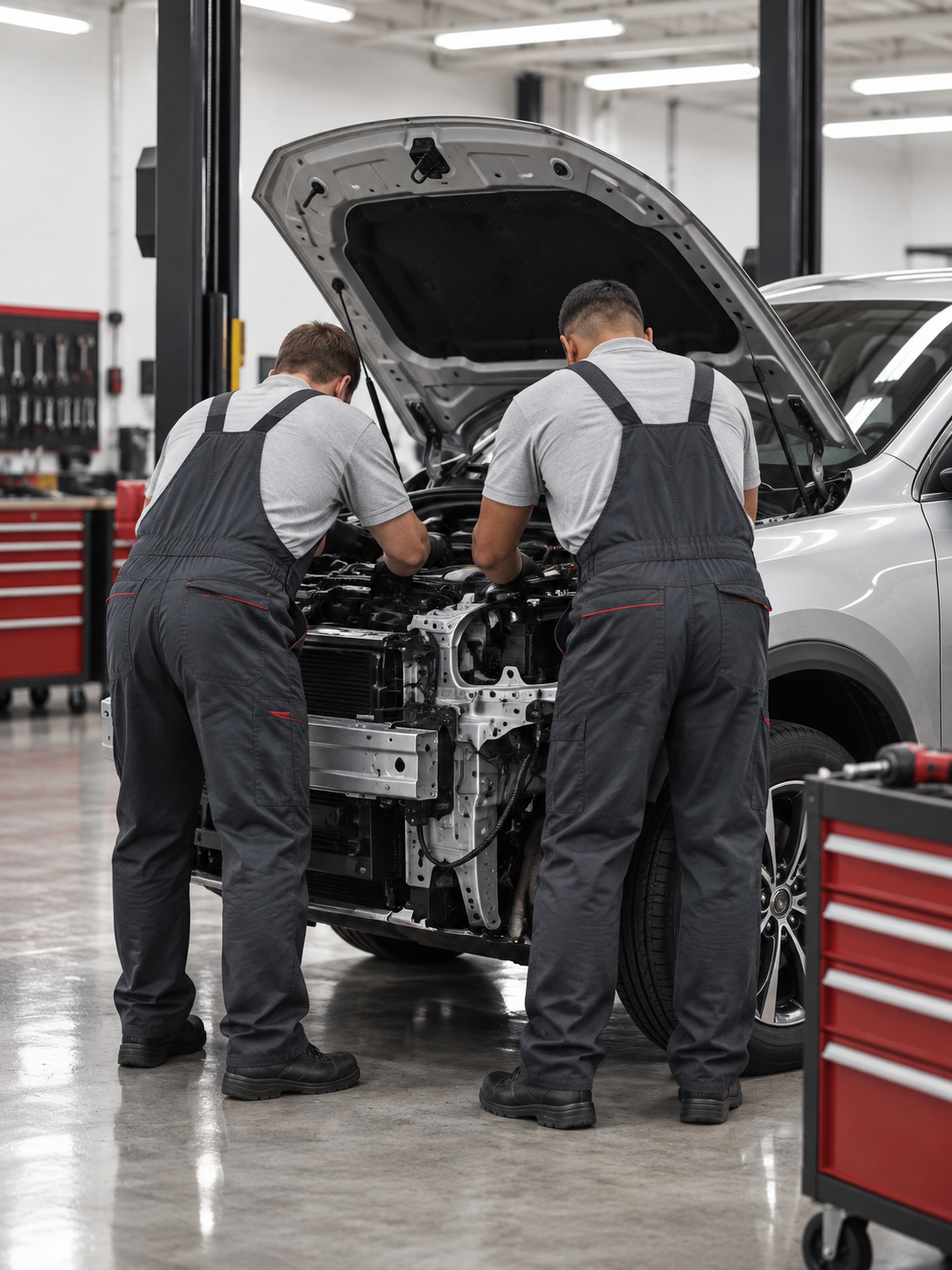 Two mechanics working on a car engine inside an auto repair shop.