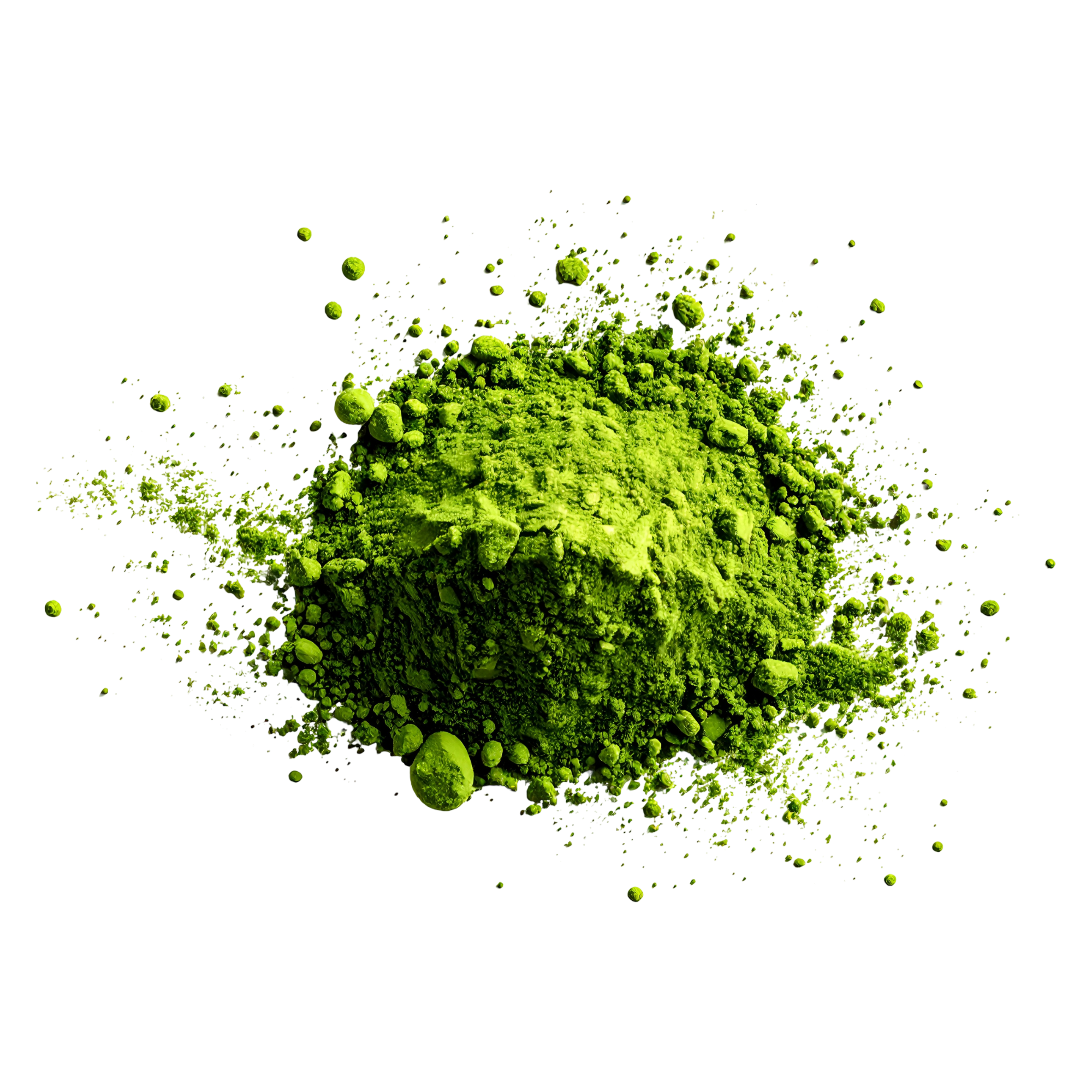 Green powdered substance scattered on a white background.