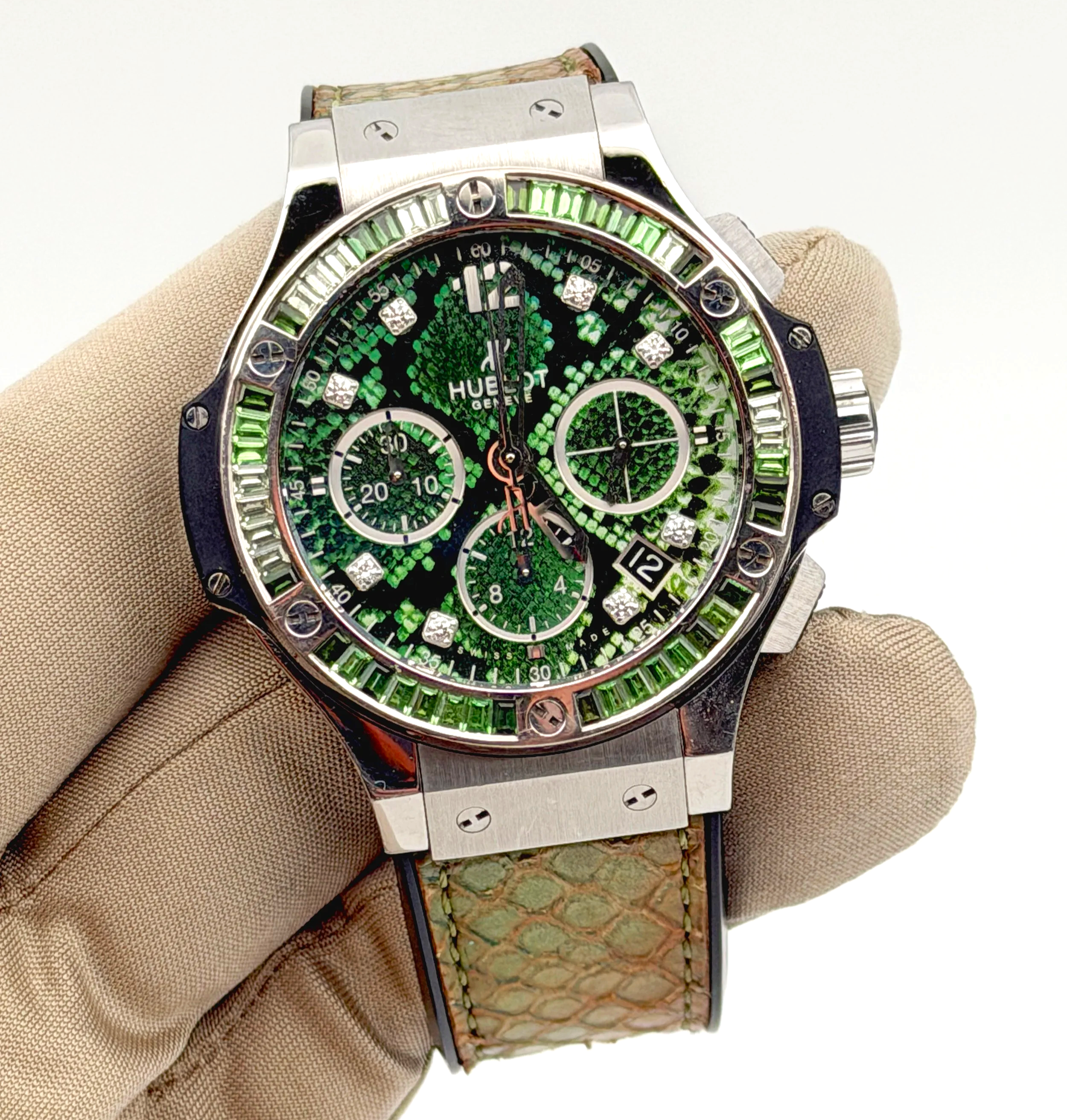 Hublot Big Bang Boa Bang Limited Edition watch with green python strap and sapphire-set bezel