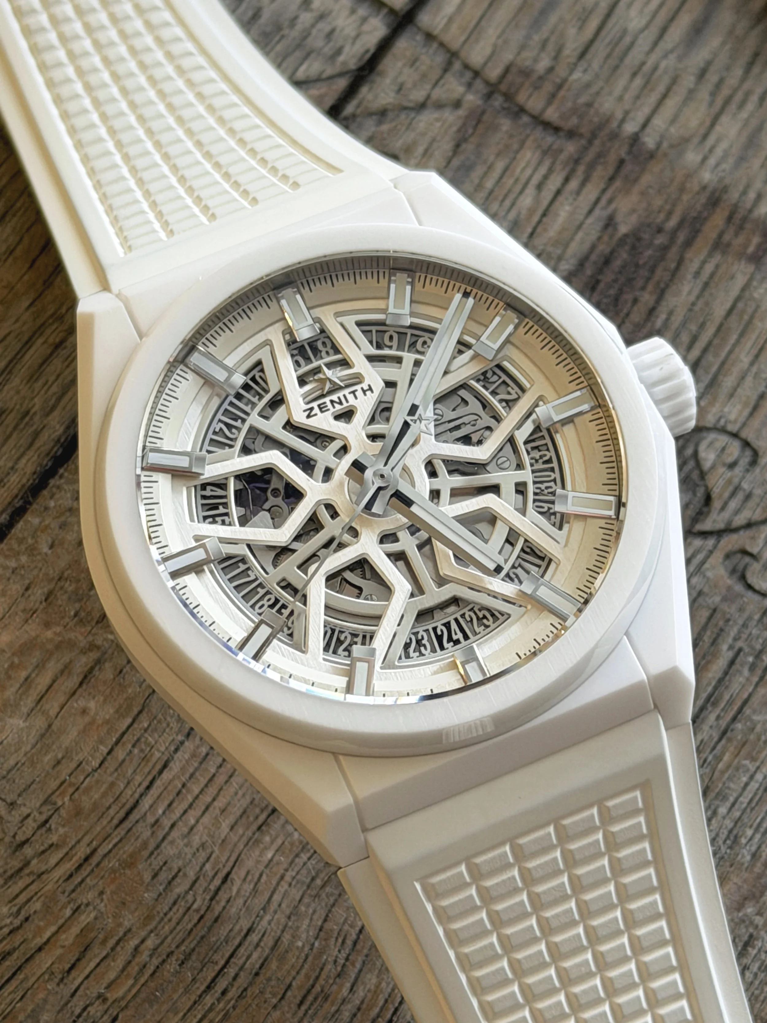 Zenith Defy Classic White Ceramic 41mm skeleton dial on white rubber strap, reference 49.9002.670/01.R792