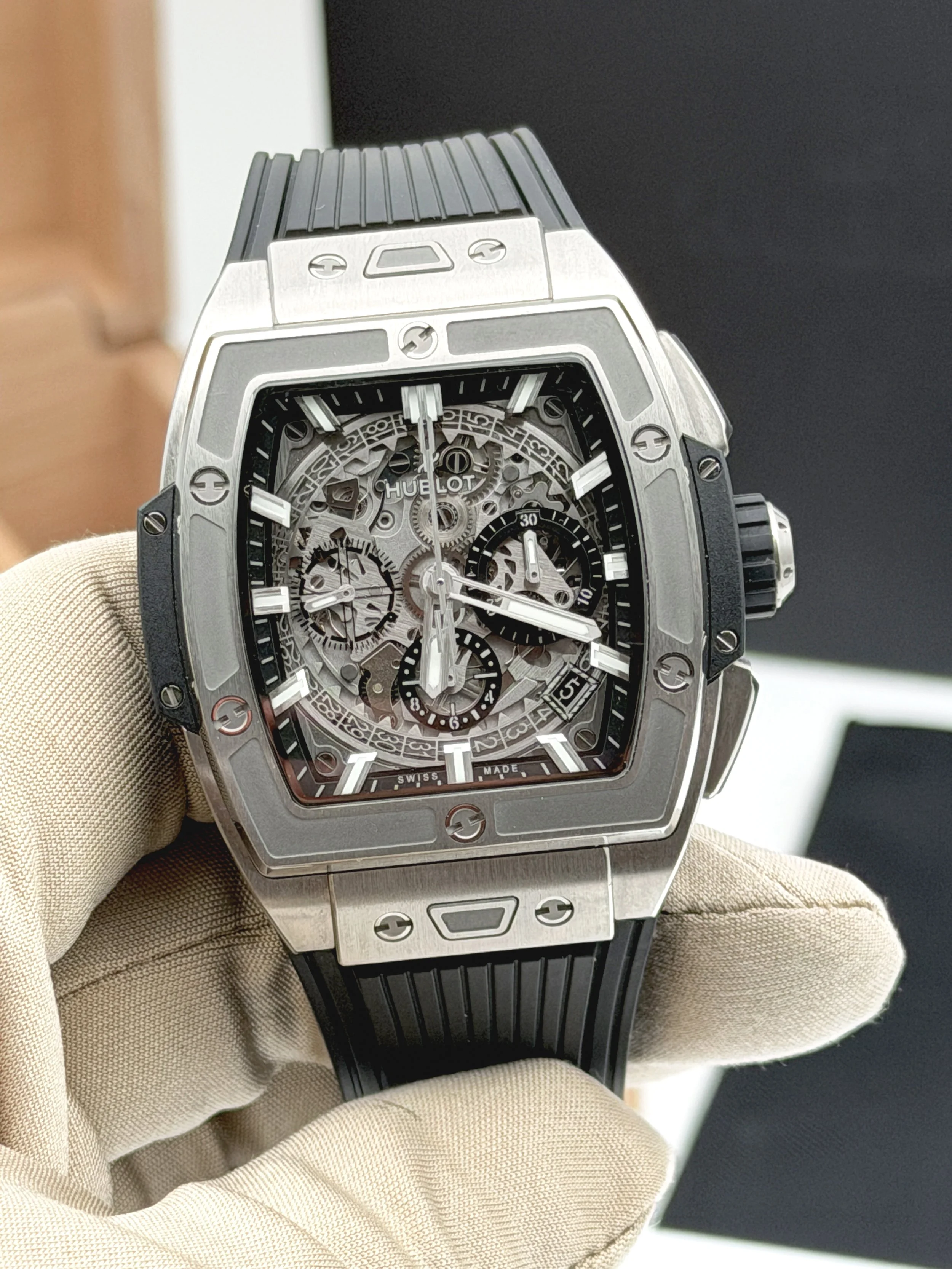Hublot Spirit of Big Bang 42mm titanium skeleton dial on black rubber strap