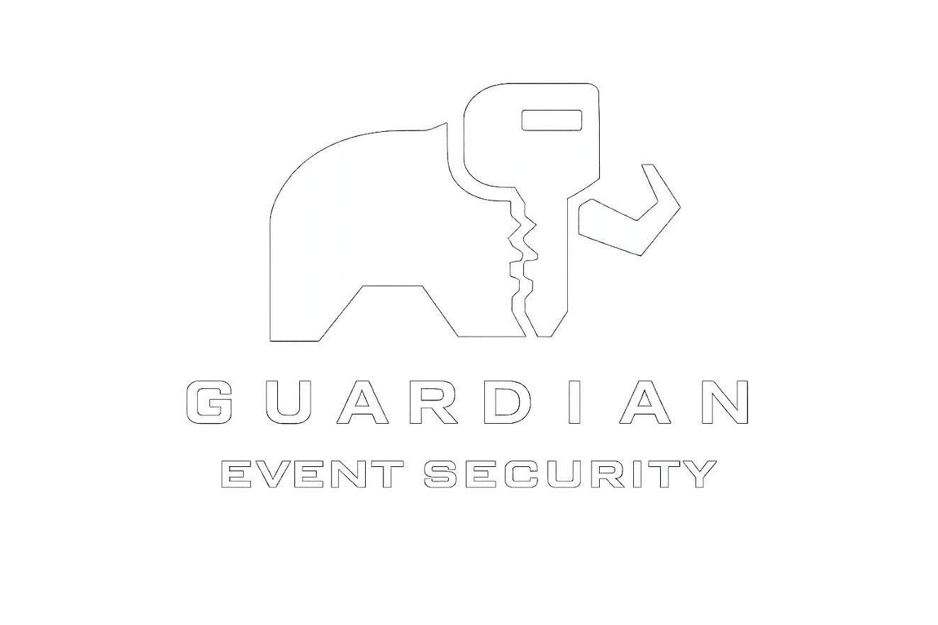 Logo for Guardian Event Security featuring a black and white stylized elephant with a keyhole shape on its body, and a key for the trunk, with the text 'GUARDIAN EVENT SECURITY' below.