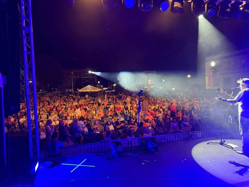 A musician performing on stage with a guitar in front of a large audience at a nighttime outdoor concert.