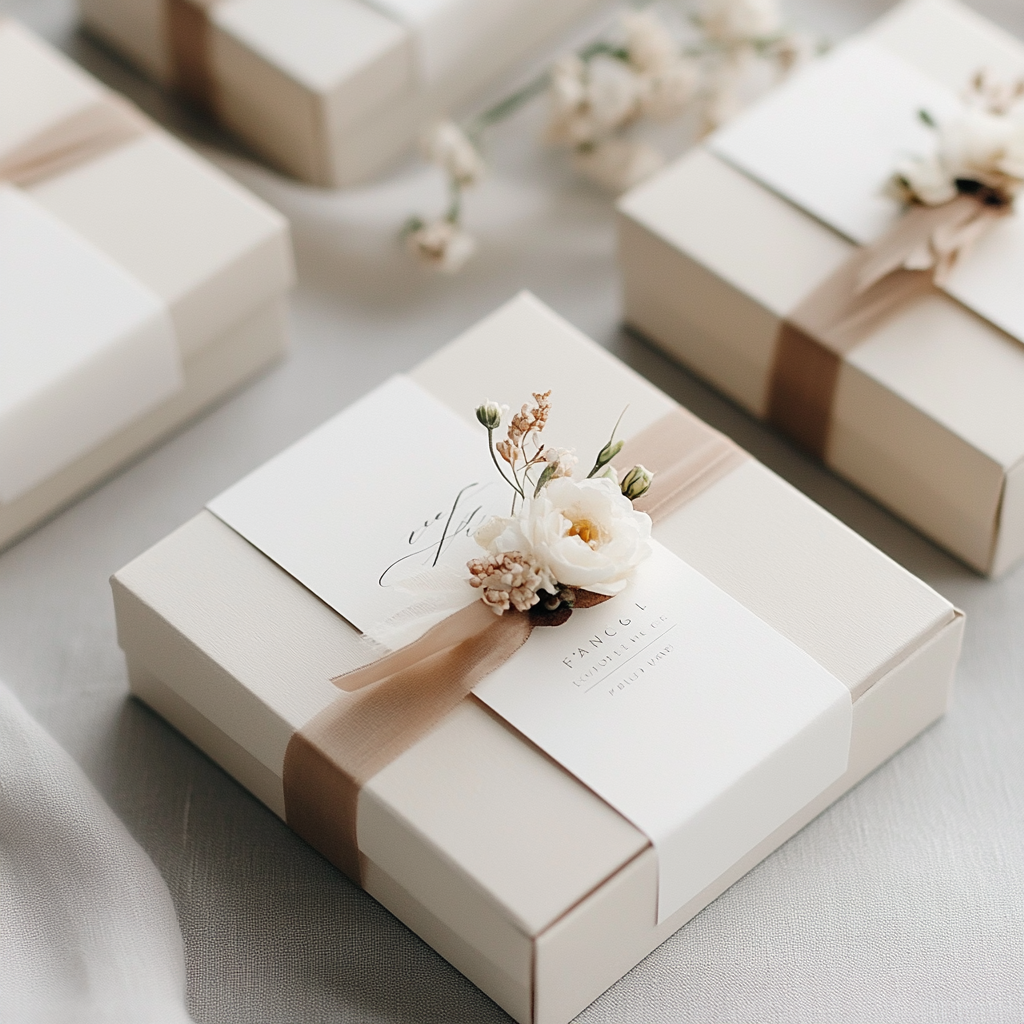 Cream-colored gift box decorated with a beige ribbon and small white flowers, placed on a white surface with other similar boxes in the background.