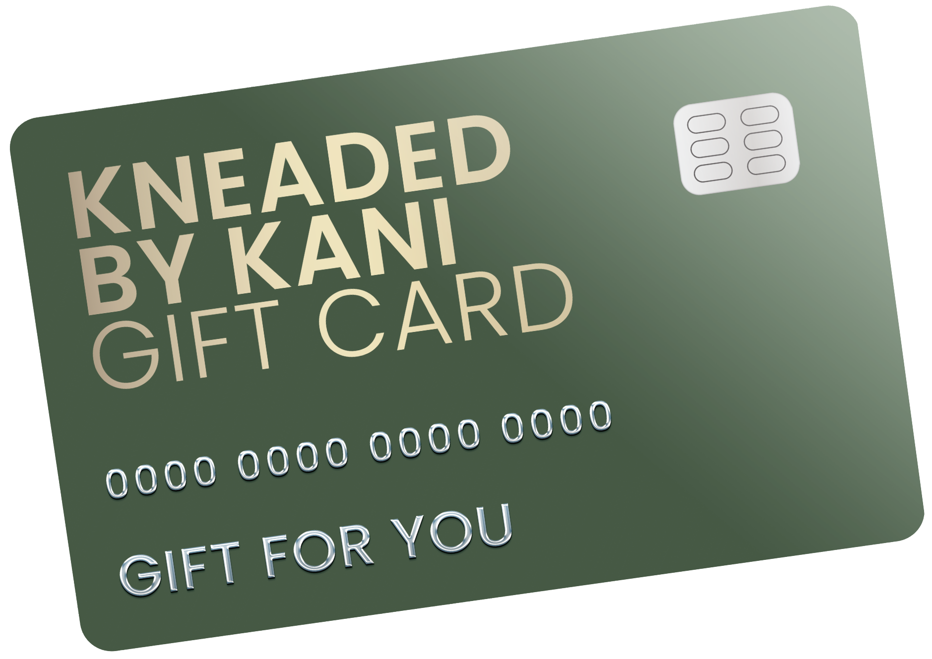 Close-up of a green gift card with the text 'Kneaded by Kani Gift Card' and a placeholder for a 16-digit card number, along with the phrase 'Gift for You'.