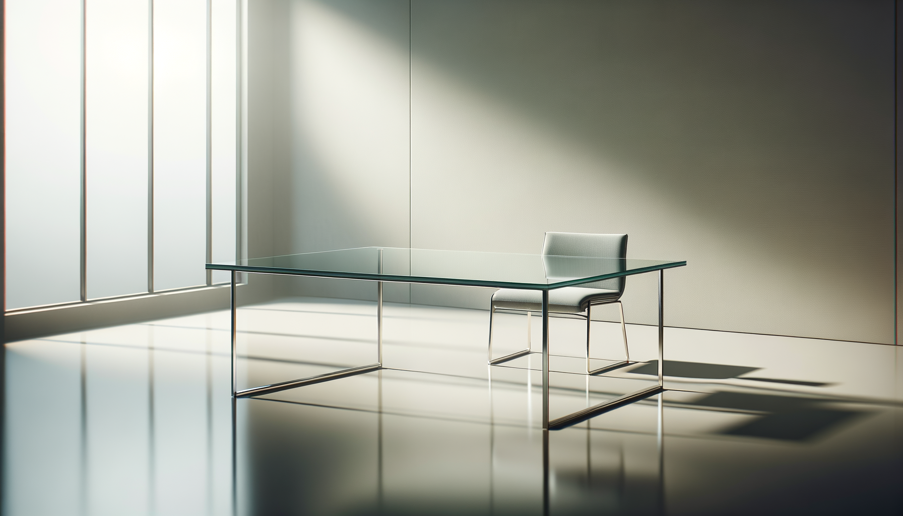 Empty modern office with glass desk, gray chair, sunlight streaming through window, minimalistic decor.