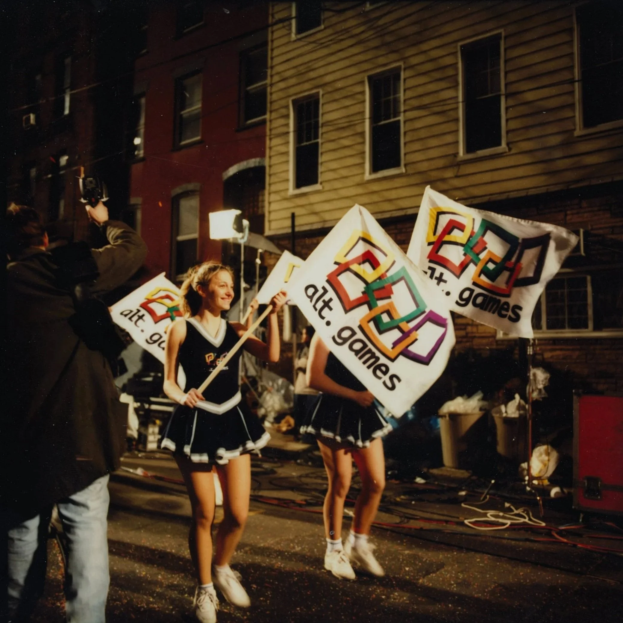Two cheerleaders holding flags with the logo of alt: games, dancing in a street parade at night with a person filming them, illuminated by camera lights.