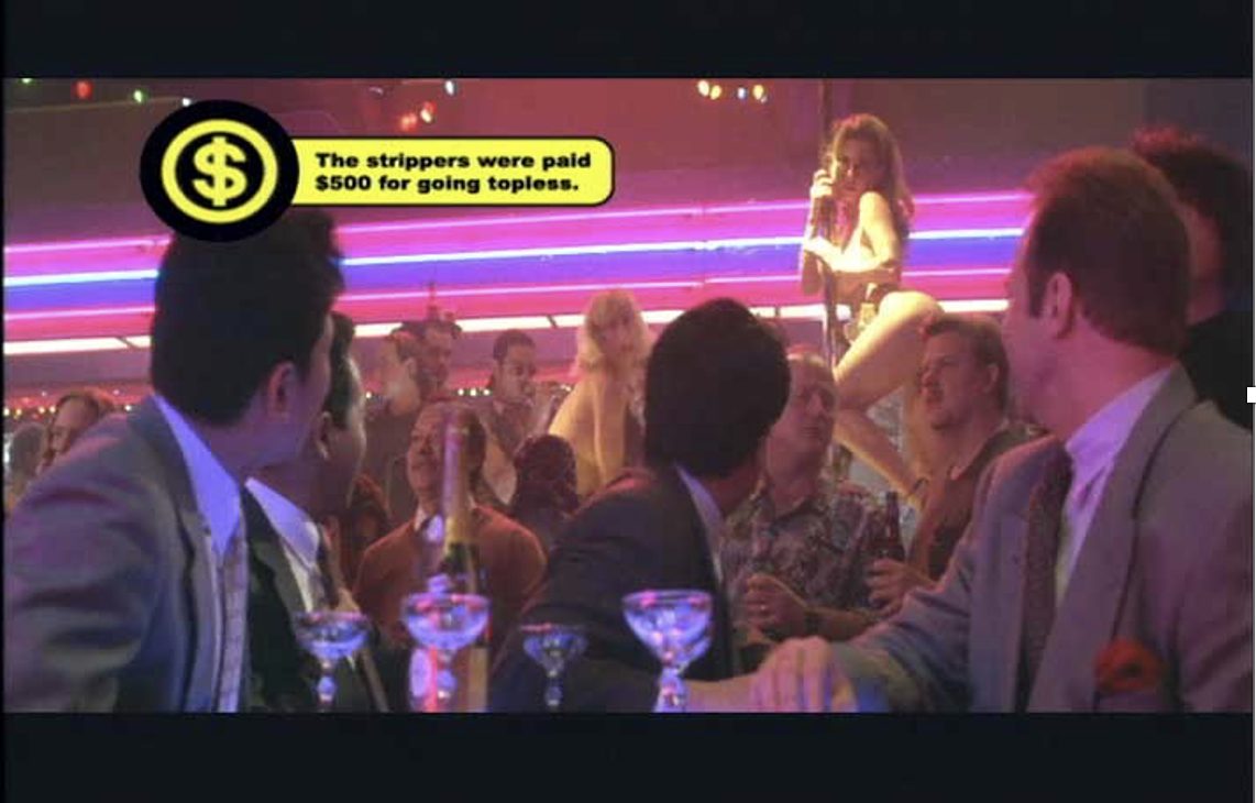 A scene inside a nightclub with a dance floor and neon lights, featuring a woman in a top and skirt dancing on a raised platform surrounded by seated patrons, with a speech bubble indicating strippers earned $500 for going topless.