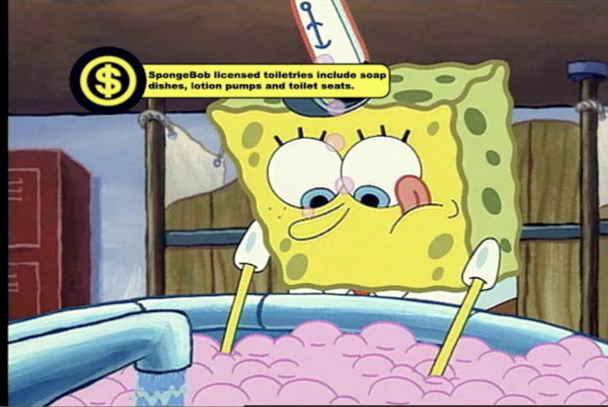 SpongeBob SquarePants with soap bubbles in the bathroom, looking at the camera with a playful expression.