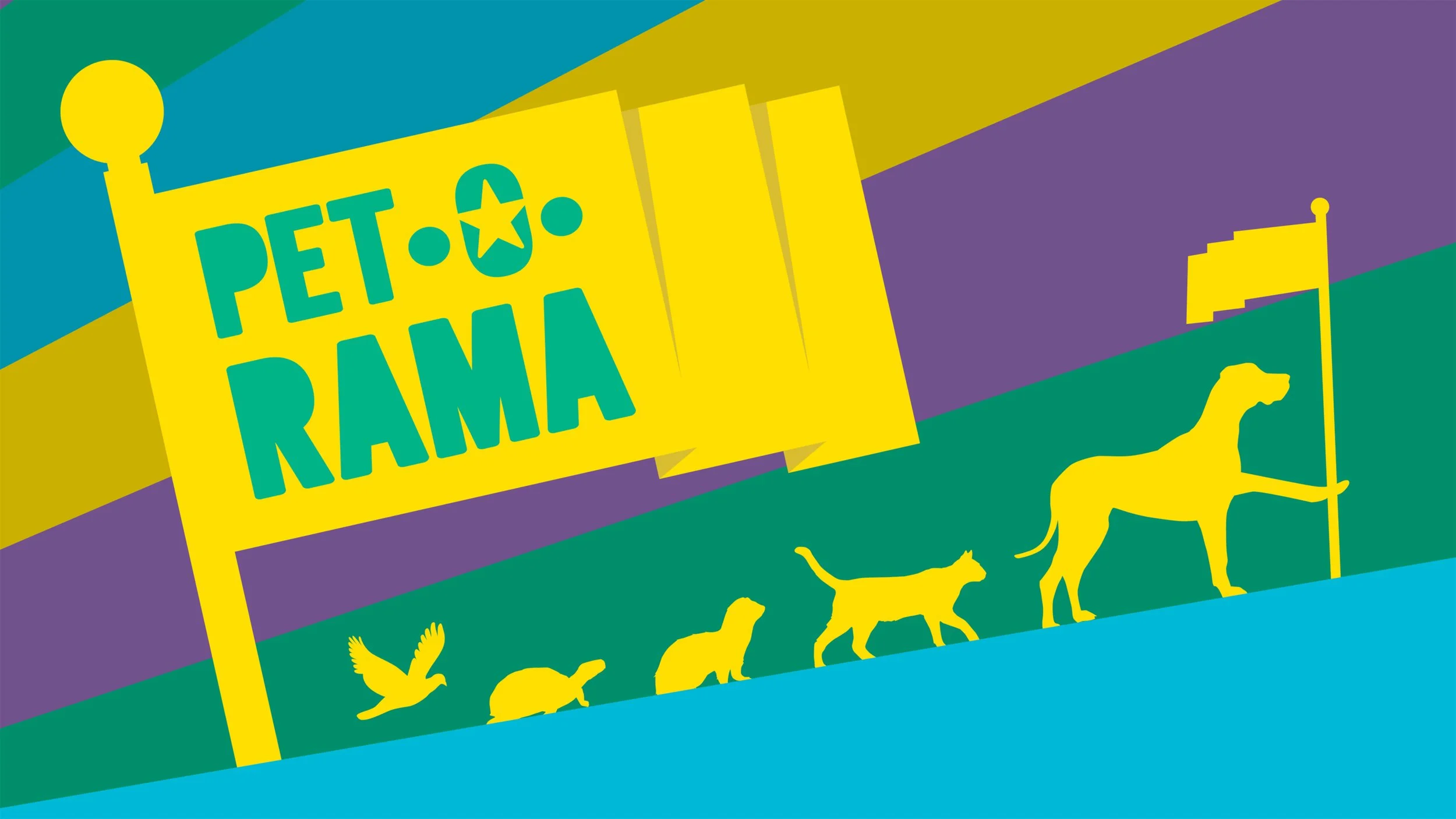 A colorful, stylized banner with the words "PET-O-RAMA" in bold turquoise letters on a yellow background. Below, yellow silhouettes of various animals including a bird, turtle, cat, and dog walk across a background of purple, green, and blue stripes.