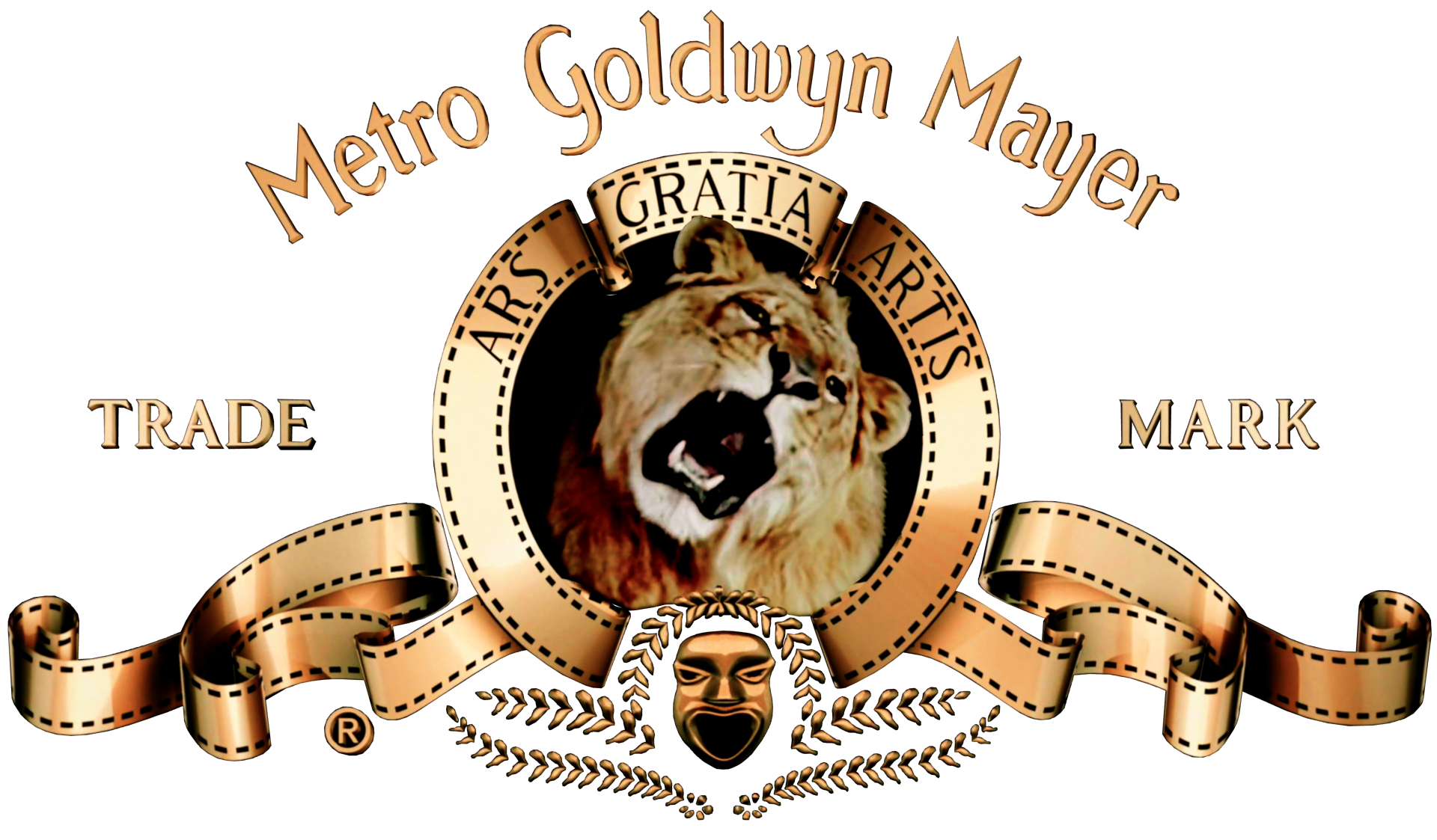 The logo of Metro-Goldwyn-Mayer (MGM) featuring a roaring lion in the center, surrounded by a gold film ribbon with the word 'GRATIA' at the top, and the company's name 'Metro Goldwyn Mayer' arched above in gold letters. The words 'TRADE' and 'MARK' 