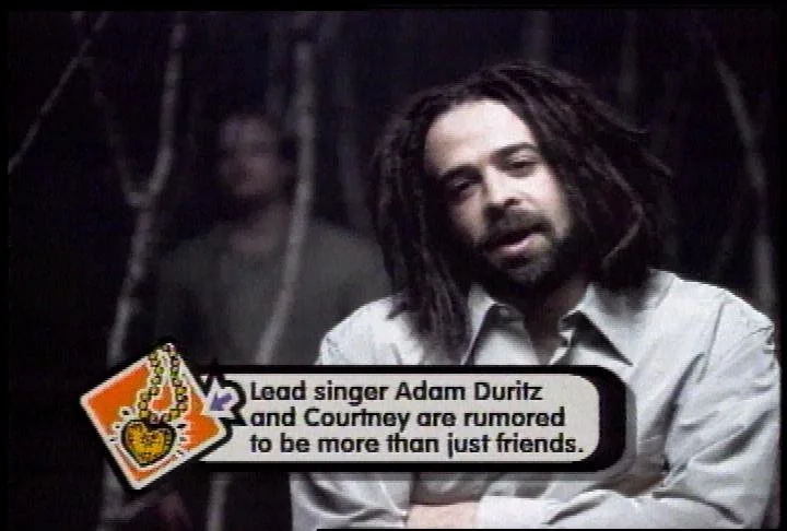 Singer Adam Duritz with dreadlocks and a beard, with a caption about lead singer Adam Duritz and Courtney Cox.