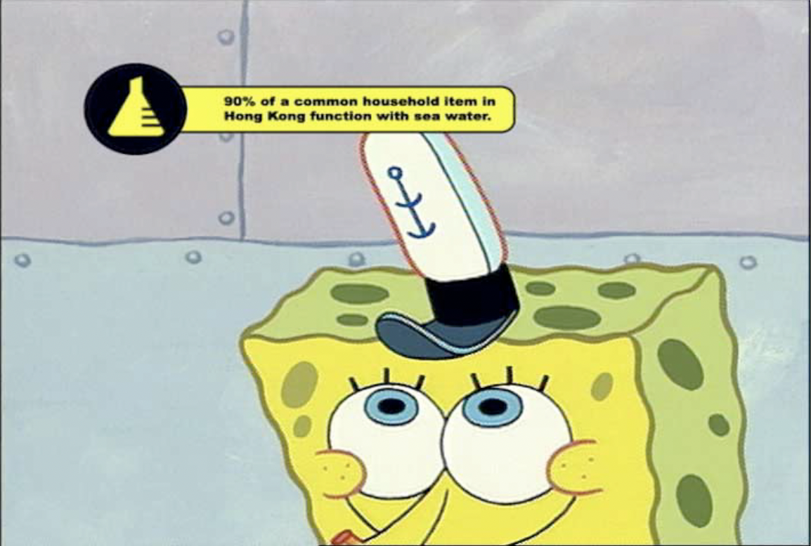 SpongeBob SquarePants character with a hat on his head and a yellow background with green spots, along with a black circle and a yellow sign that says, '90% of a common household item in Hong Kong function with sea water.'