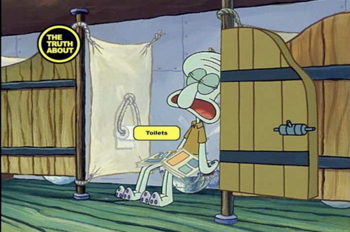 SpongeBob SquarePants character Squidward sitting on a potty in a bathroom, reading a newspaper, with a sign pointing to the twin toilet in the background, and a small label that says 'Toilets'.