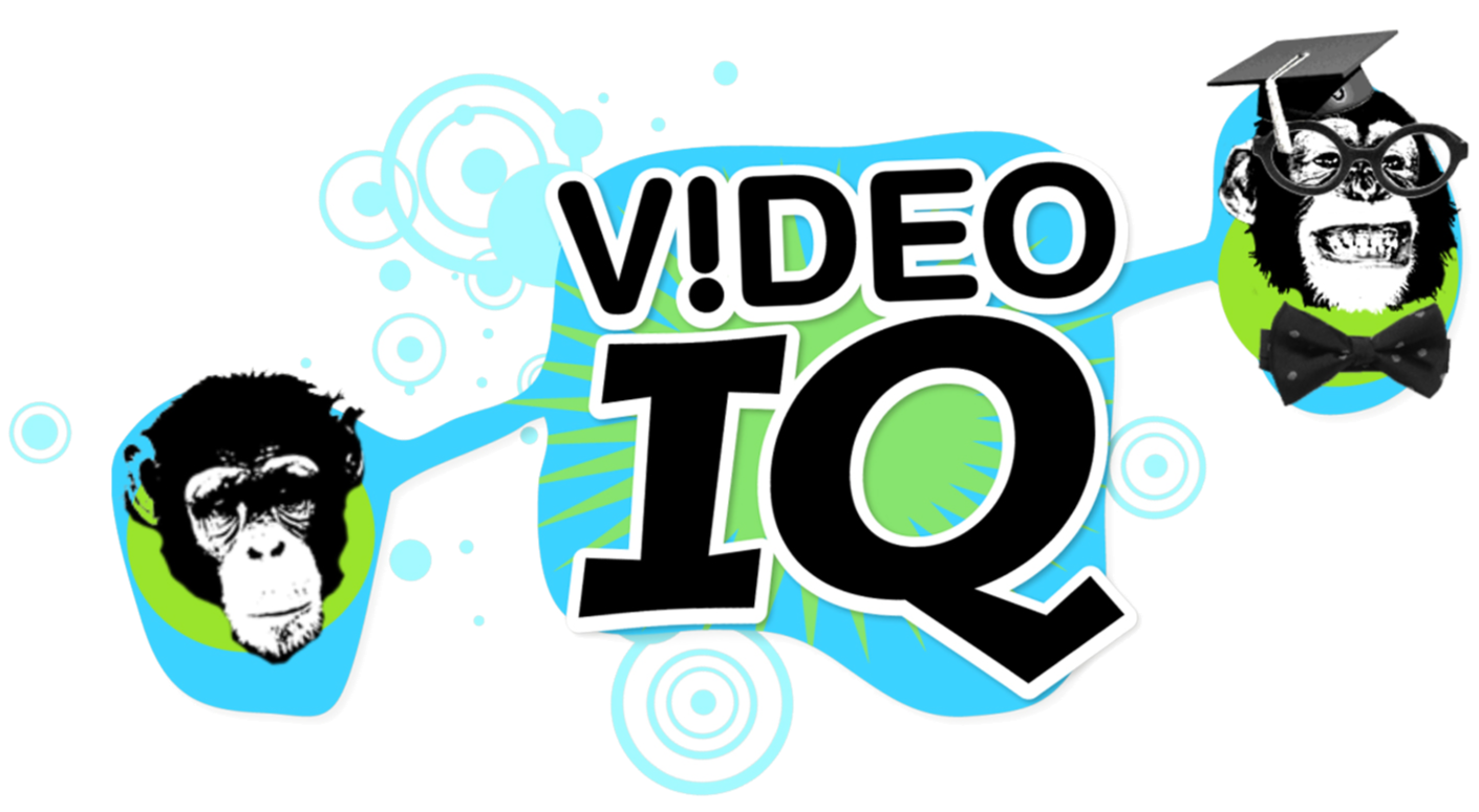 Colorful graphic promoting 'Video IQ' with two chimpanzee faces: one with a graduation cap and glasses, and the other with glasses and a bow tie, surrounded by abstract circles and shapes.