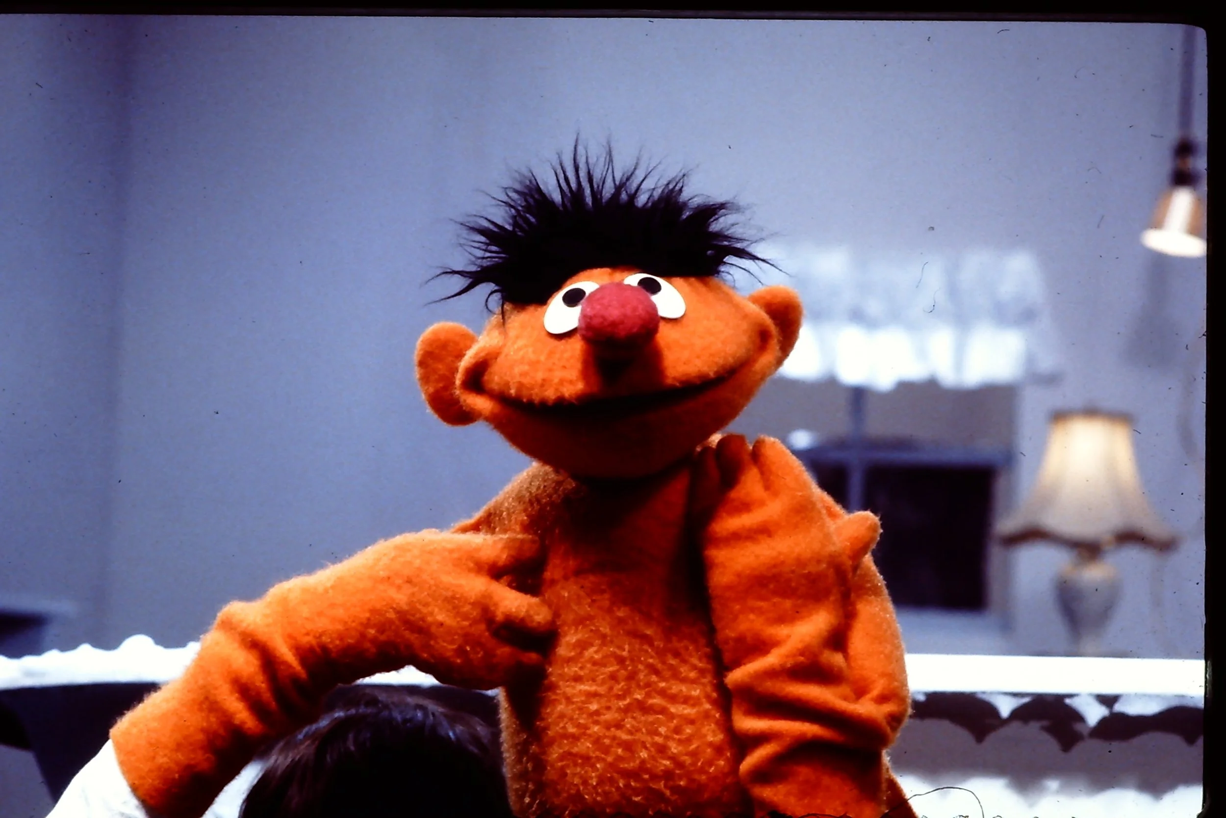 The Sesame Street muppet, Ernie, is being held up by someone. Ernie is set against a background with a lamp and a window.