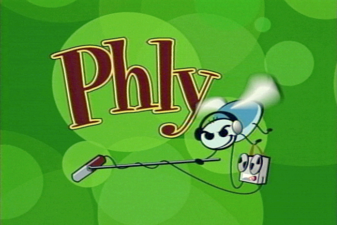 A cartoon illustration of a smiling housefly with headphones holding a boom mic and tape recorder, with the words 'Phy' in large letters, set against a green background with circular patterns.