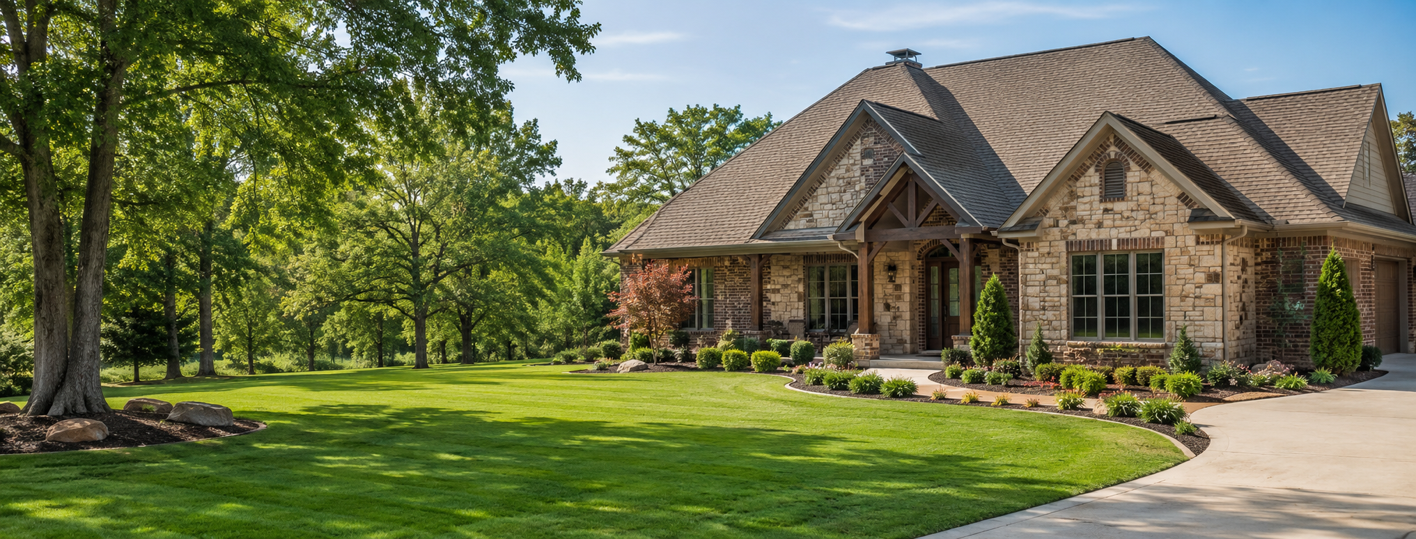 Front view of a large house with a stone and brick exterior, surrounded by a well-manicured lawn and trees under a clear blue sky.