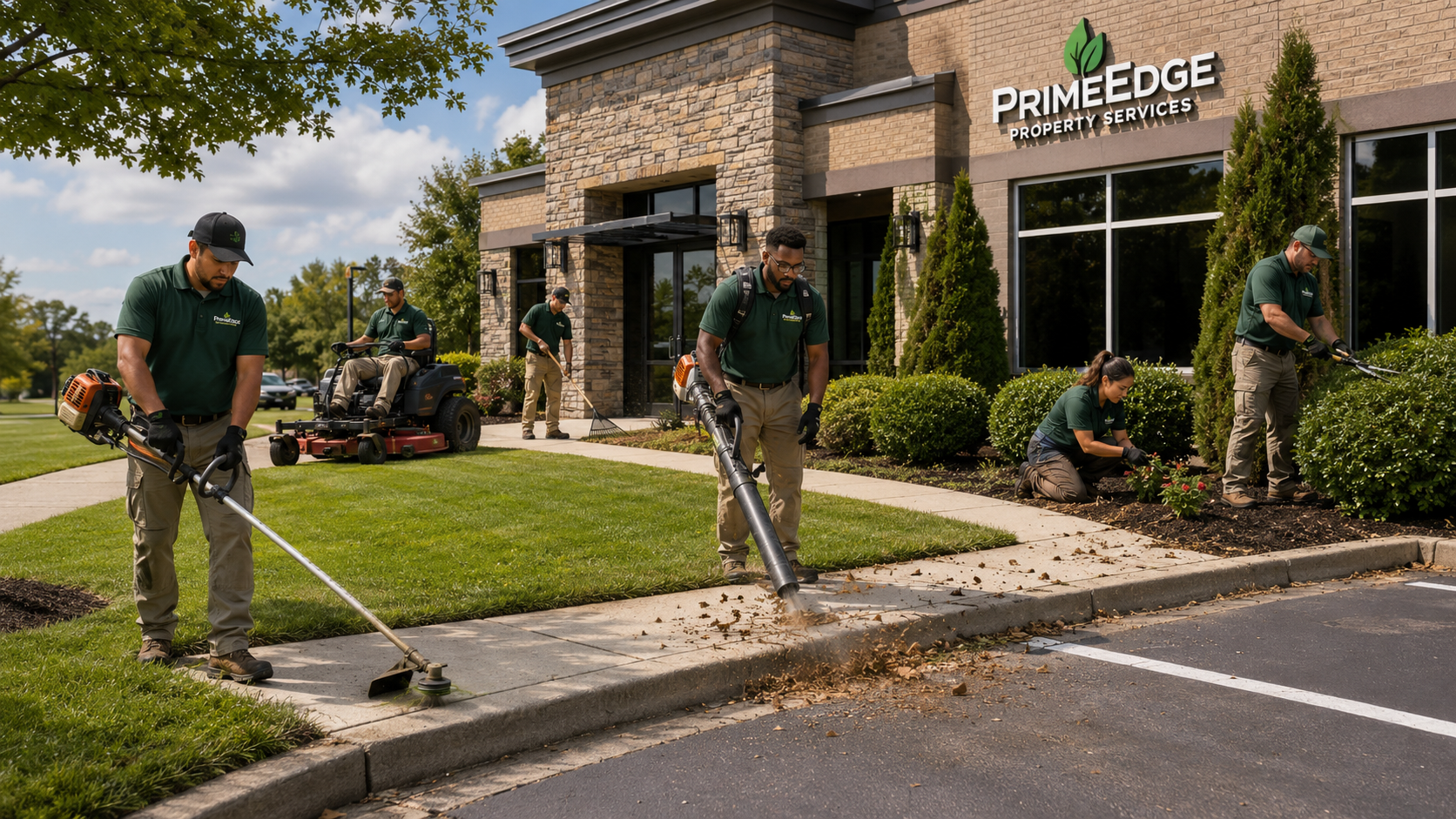 Group of landscaping workers maintaining the garden outside a building with a "Prime Edge Property Services" sign. Workers are using leaf blowers, trimmers, and rakes to clear leaves and trim bushes.