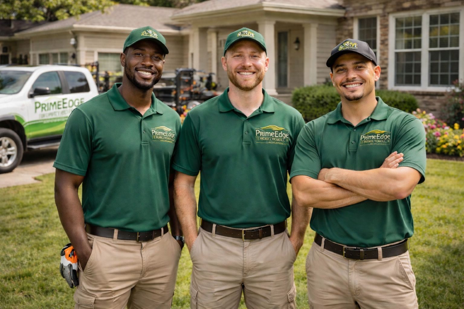 Three smiling male workers in green PrimeEdge polo shirts and caps standing outdoors in front of a house and a PrimeEdge truck, with gardening equipment and a garden in the background.