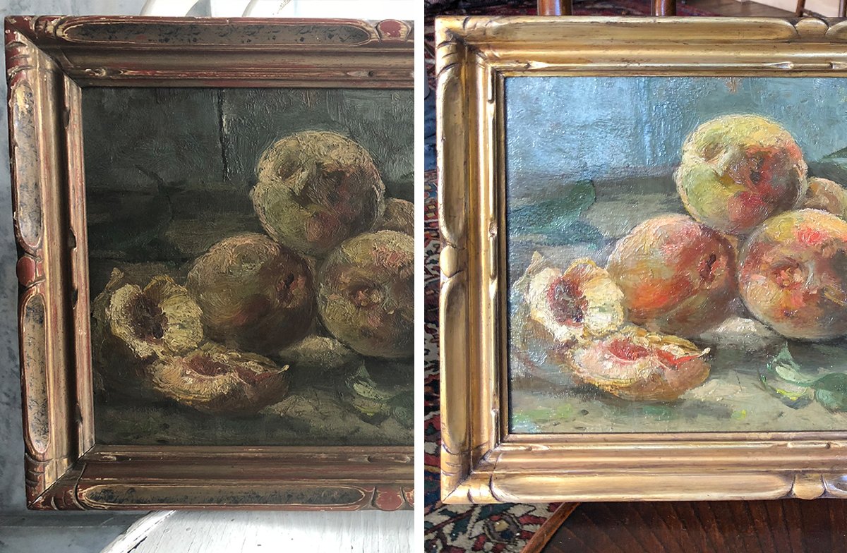 Two paintings of pomegranates in wooden frames, one dark and the other bright, both featuring the fruit on a surface.