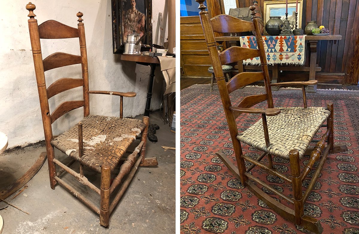 Comparison of two wooden rocking chairs with woven seats, one old and damaged, the other restored, in different indoor settings.
