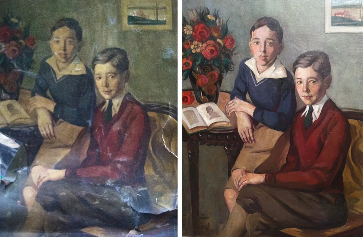 Side-by-side comparison of two paintings depicting two boys sitting in a room with flowers and a book, with the right painting being clearer and more colorful.