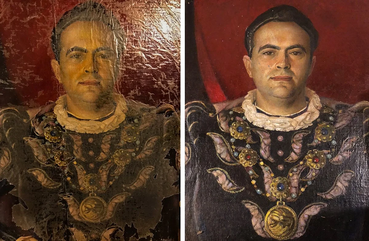 Comparison of two portraits of a man dressed in black regal attire with colorful jewels and a white ruffled collar, against a red background. The left portrait is old and damaged, while the right portrait is restored.