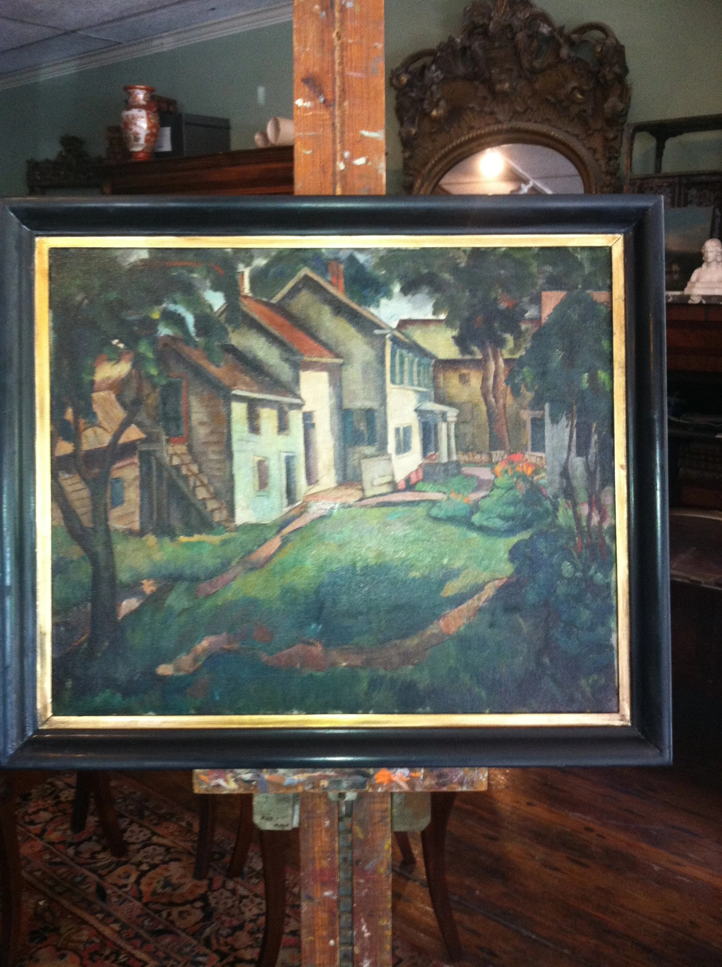 A colorful landscape oil painting depicting houses, trees, a pathway, and bushes in a rural setting.