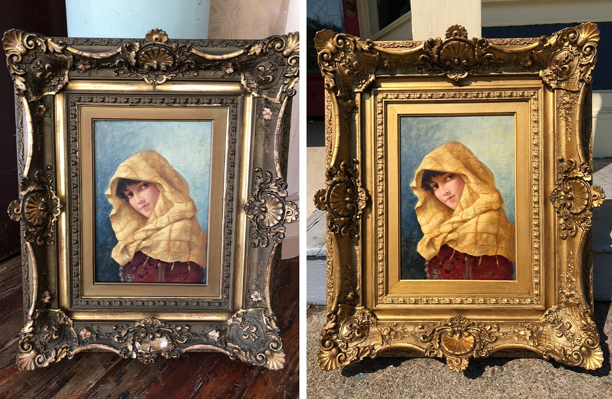 Side-by-side images of a framed painting of a woman wearing a yellow hooded shawl. The left frame is silver with ornate detailing, and the right frame is gold with ornate detailing.
