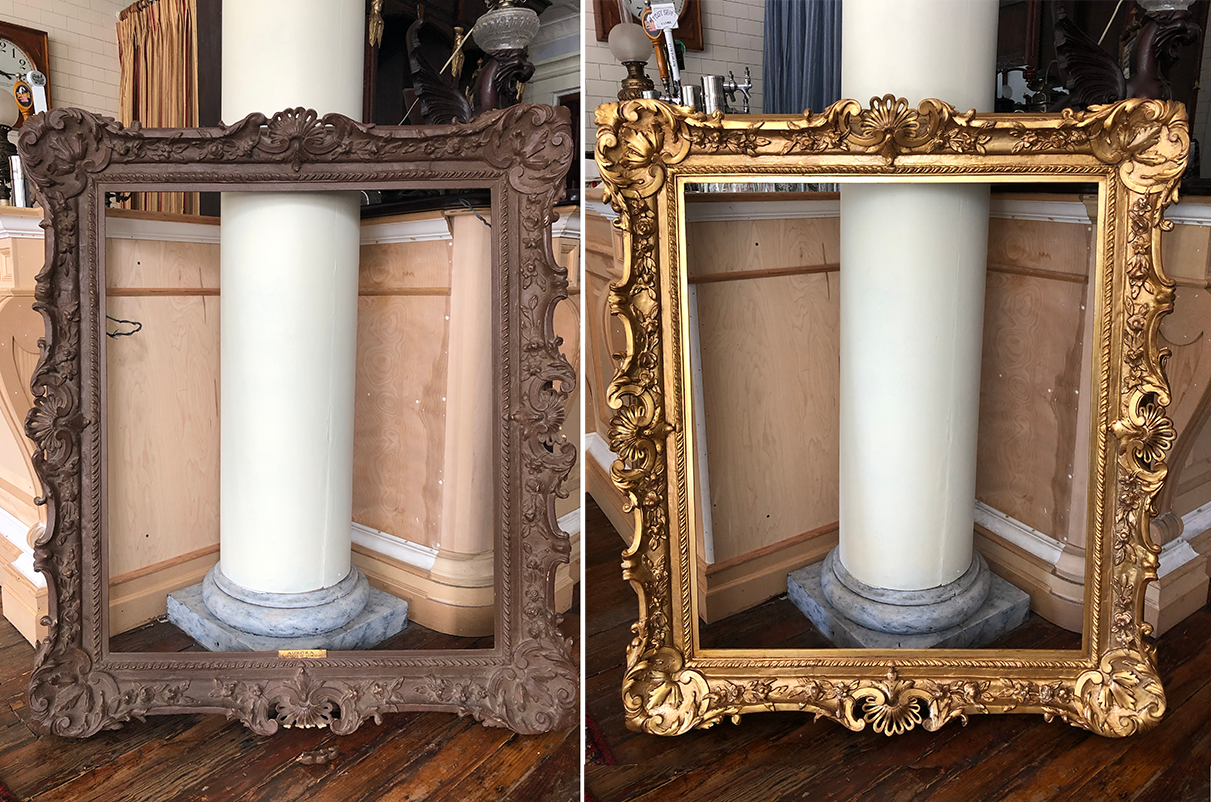 Comparison of two ornate, vintage-style picture frames adjacent to a white column on a wooden floor inside a decorated room.