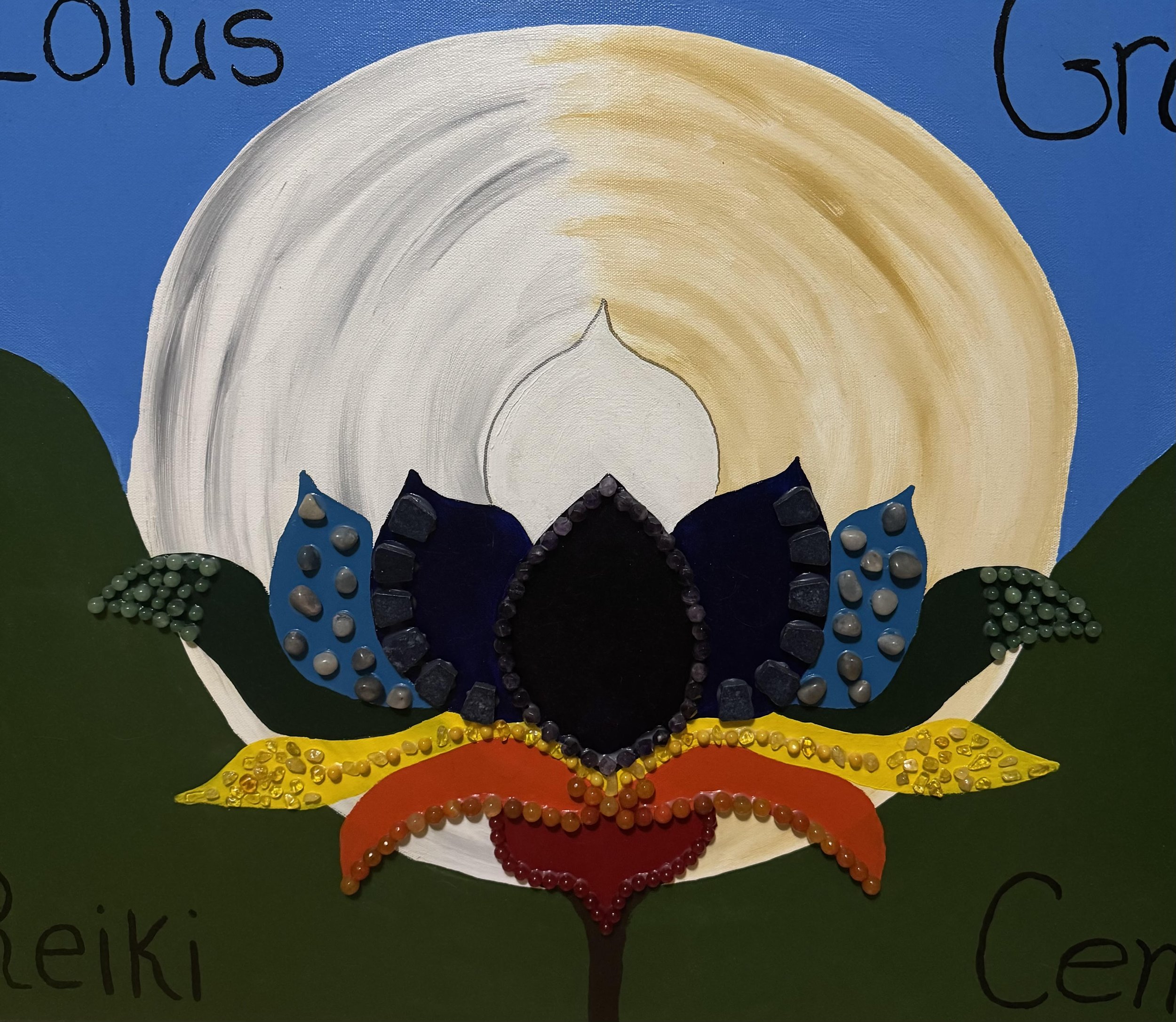 Colorful artwork of a lotus flower with a large white and beige circle behind it, surrounded by green leaves, on a blue background. Handwritten words are visible in the corners.