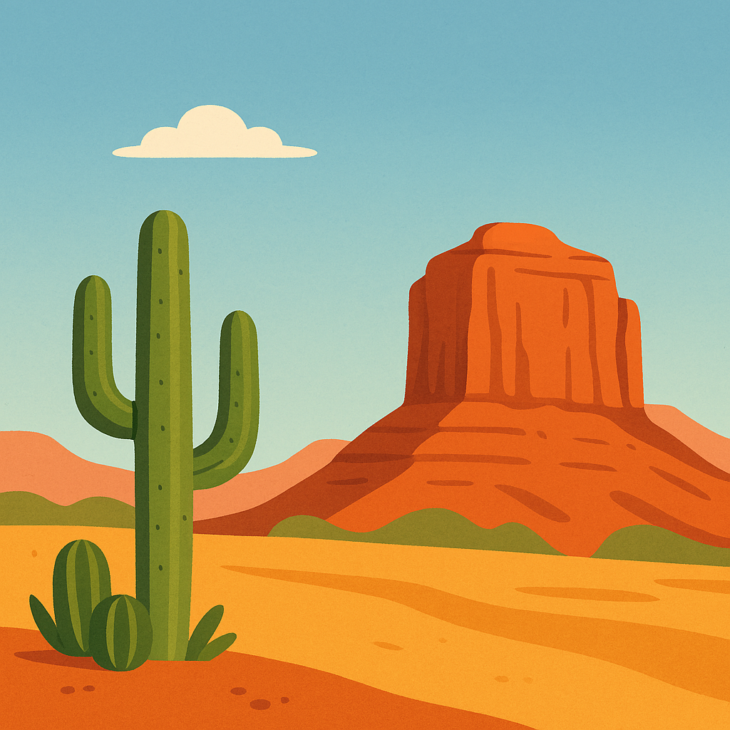 Illustration of a Sedona desert landscape with a large green cactus, a red rock butte, and a blue sky with a single cloud.