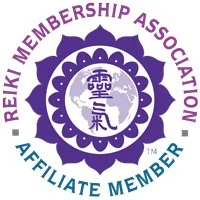 Reiki Membership Association logo with purple and teal colors, featuring a lotus design and a central figure with hands raised.
