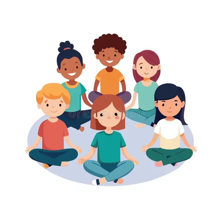 Six children sitting cross-legged on the floor, practicing meditation together, smiling.