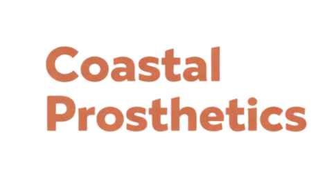 Coastal Prosthetics logo with stylized text in shades of red and gray