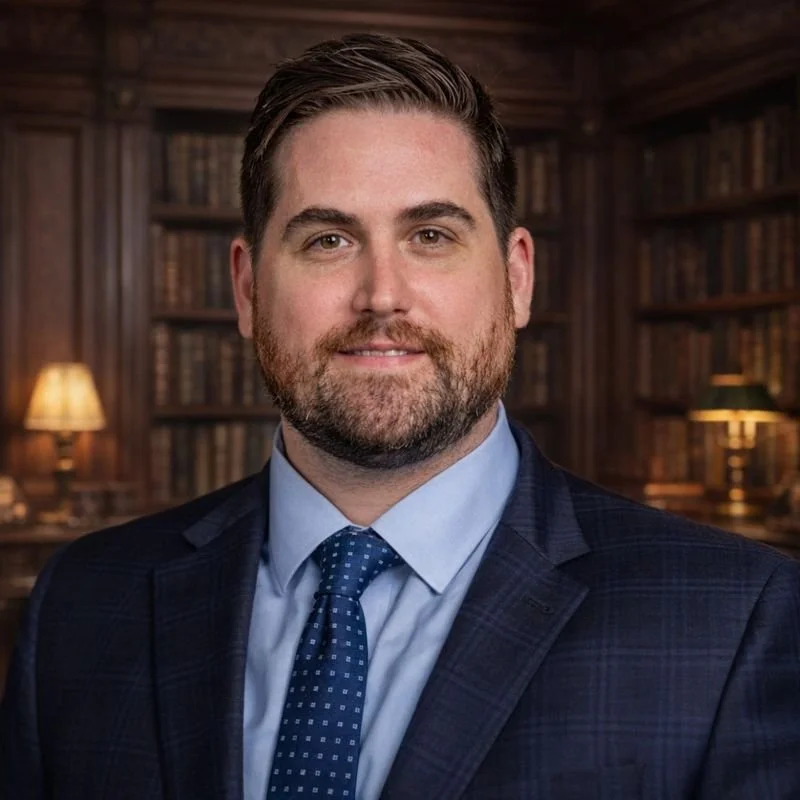 A man with brown hair and a beard, wearing a suit and a blue tie, standing in a library with bookshelves and lamps in the background.