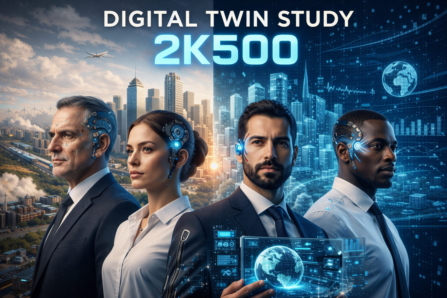 Four diverse business professionals with augmented reality technology overlays, standing in front of a digital cityscape featuring futuristic buildings and data visualizations, promoting a digital twin study with 2K500 resolution.