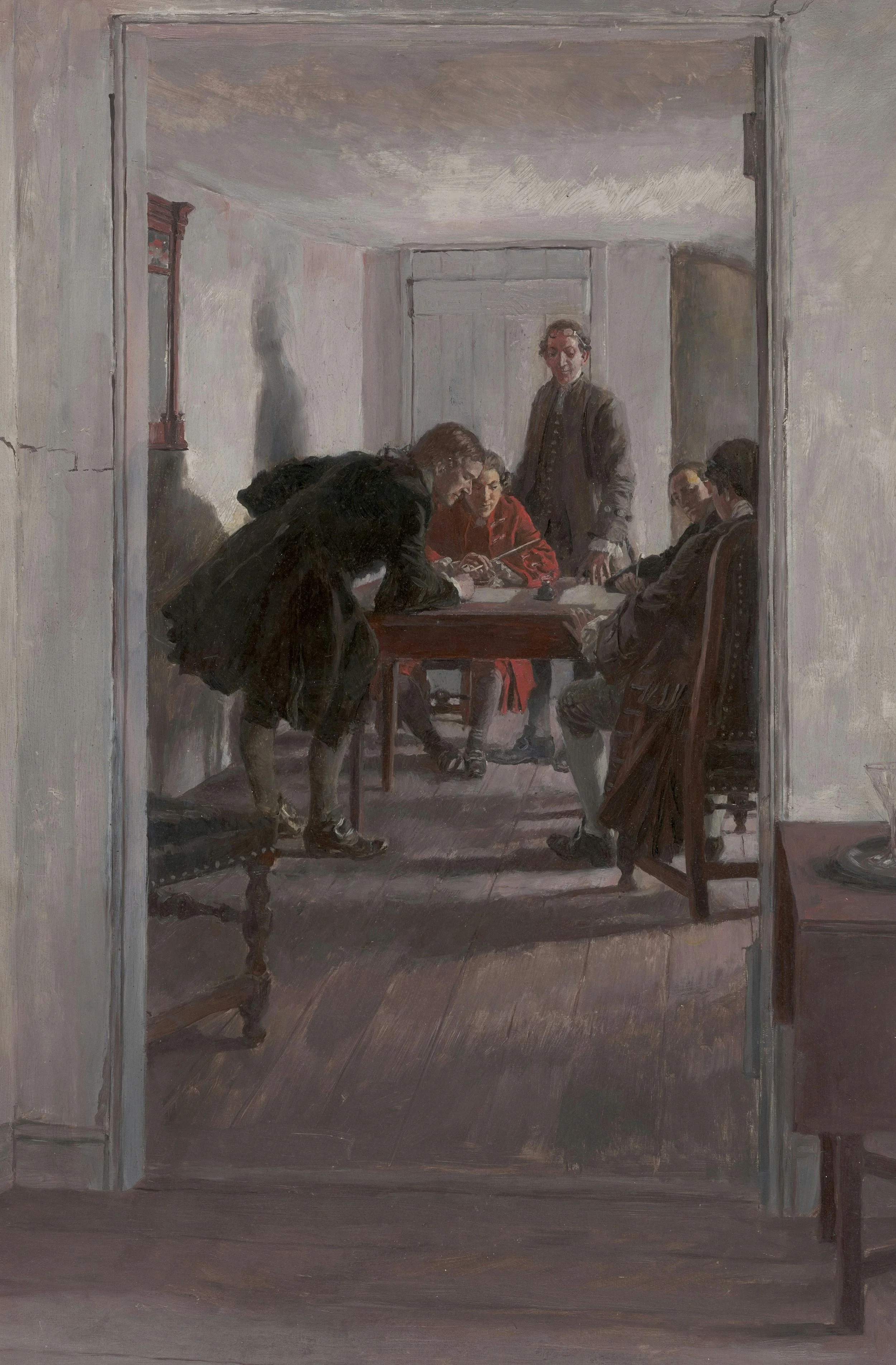 Painting of five people gathered around a table in a room with white walls and wooden floor, with sunlight coming through the window.
