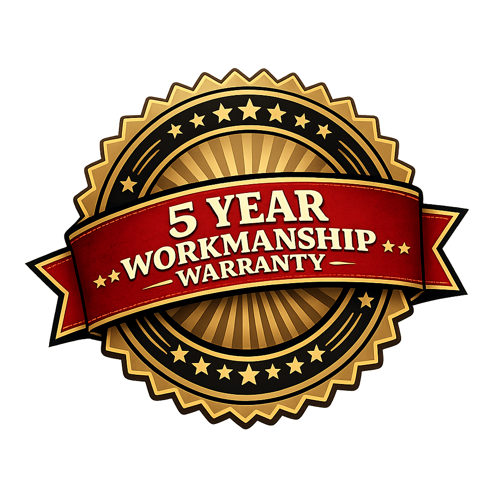 Gold and black badge with a red ribbon that reads '5 Year Workmanship Warranty'.