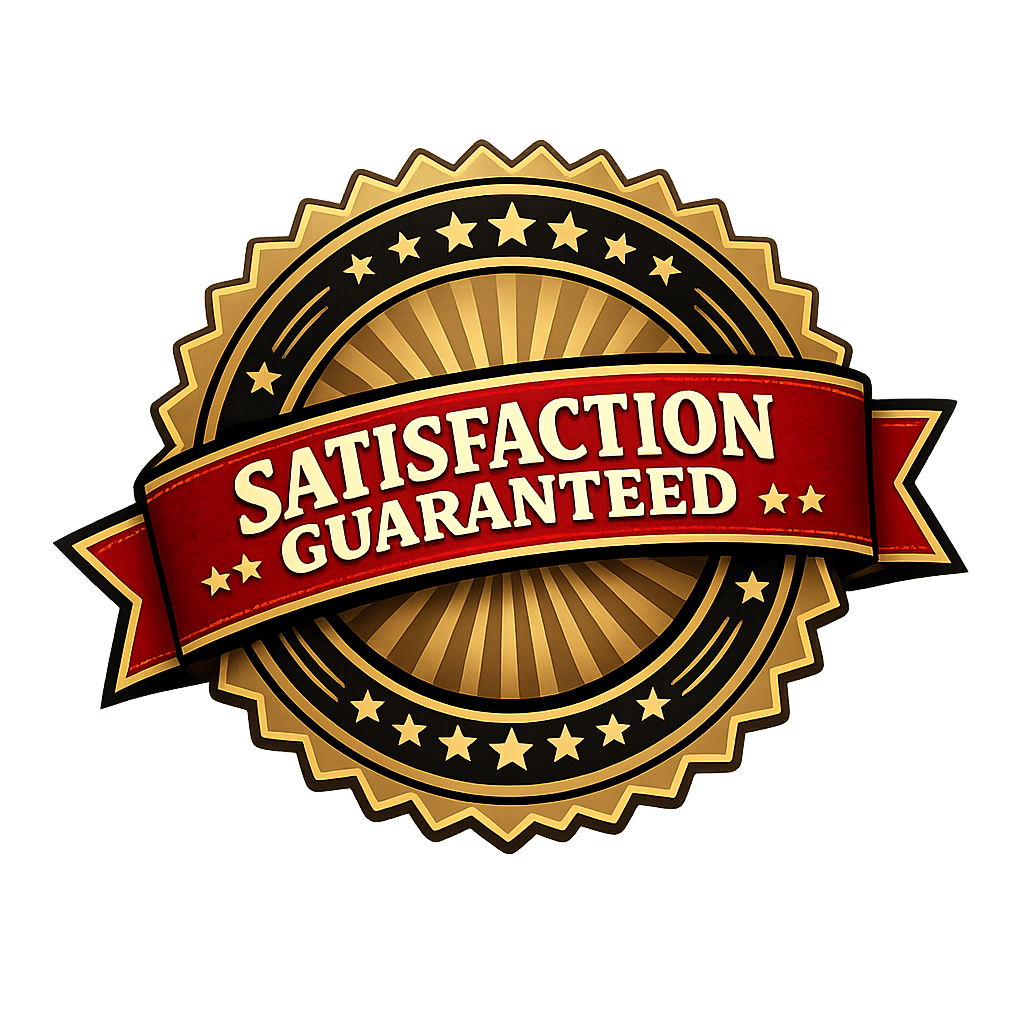 Gold and black badge with stars and sunburst design, featuring a red banner that says 'Satisfaction Guaranteed' in white text.