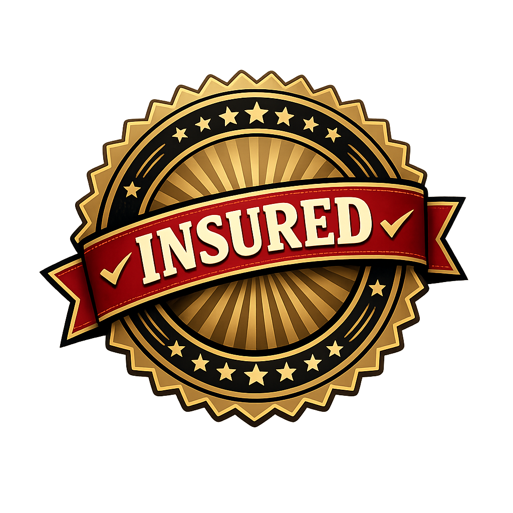 Gold and black badge with the word 'INSURED' in white letters on a red banner with check marks on either side.