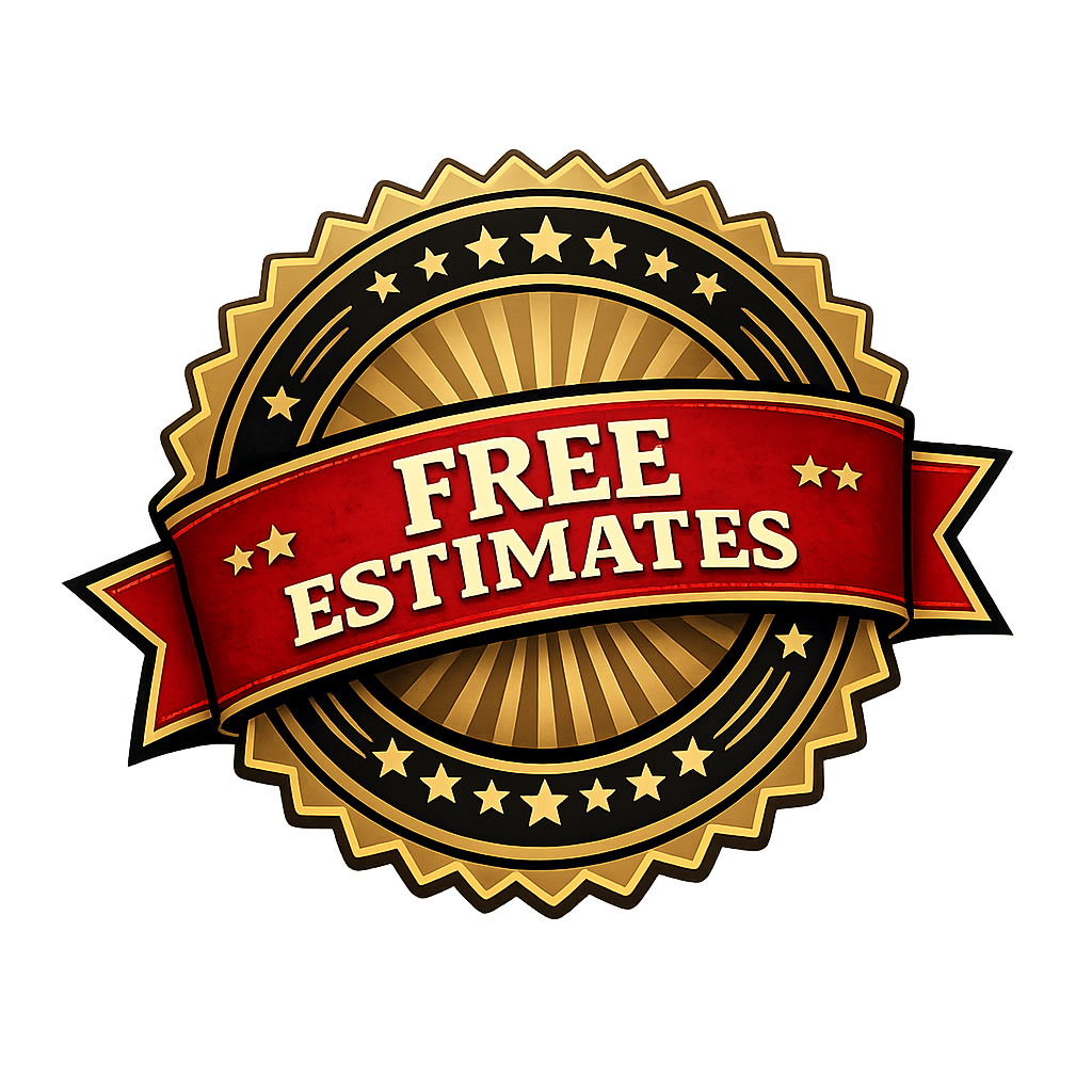 Gold and black badge with red banner reading 'Free Estimates'.