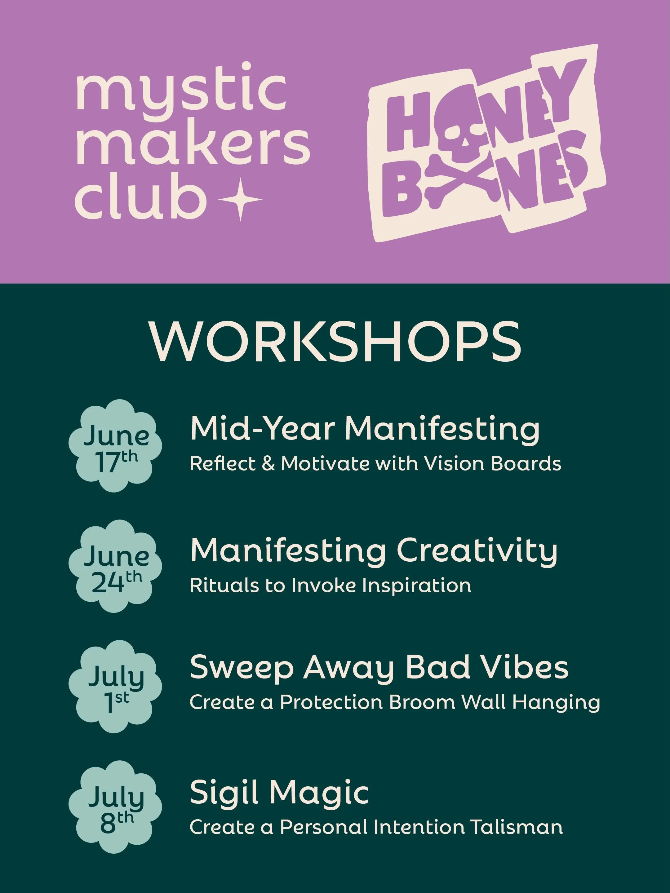 Mystic Makers Club is coming to Brunswick!

Each Wednesday over four weeks I&rsquo;ll be bringing goodies to @honeybonesgallery for us to get crafty, get witchy and get motivated.

All my classes are beginner friendly and no experience is required. E