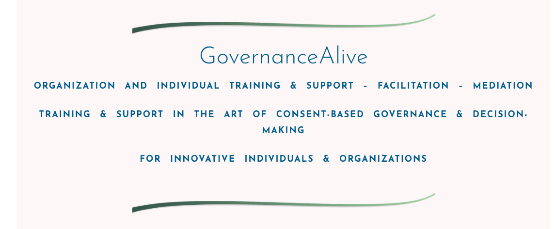 Logo and text on a website for GovernanceAlive, an organization providing training, support, facilitation, and mediation in consensus-based governance and decision-making for individuals and organizations.