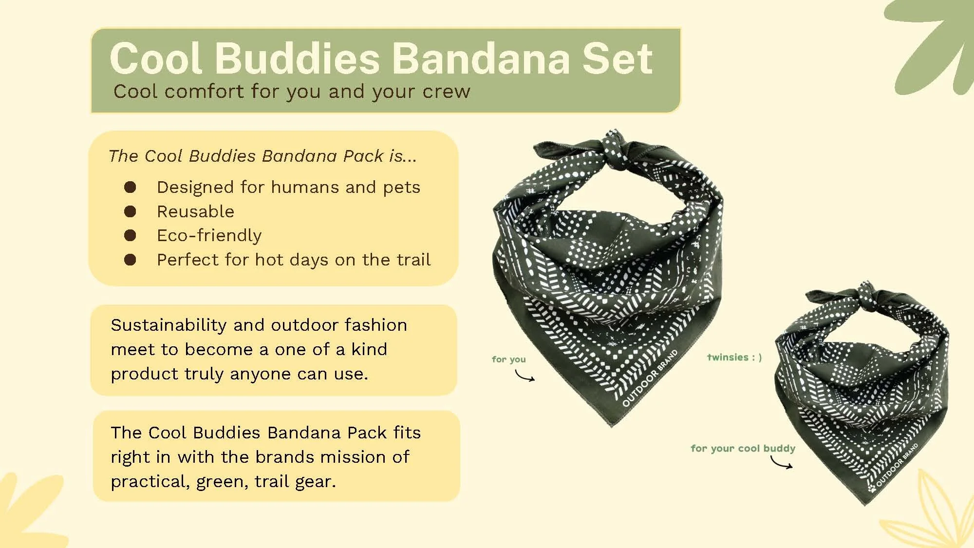 A product display of a black and white bandana set called Cool Buddies Bandana Set. The set includes two bandanas with a geometric pattern, labeled for different purposes: one for you, one for your cool buddy. The background shows a light yellow color with green accents.