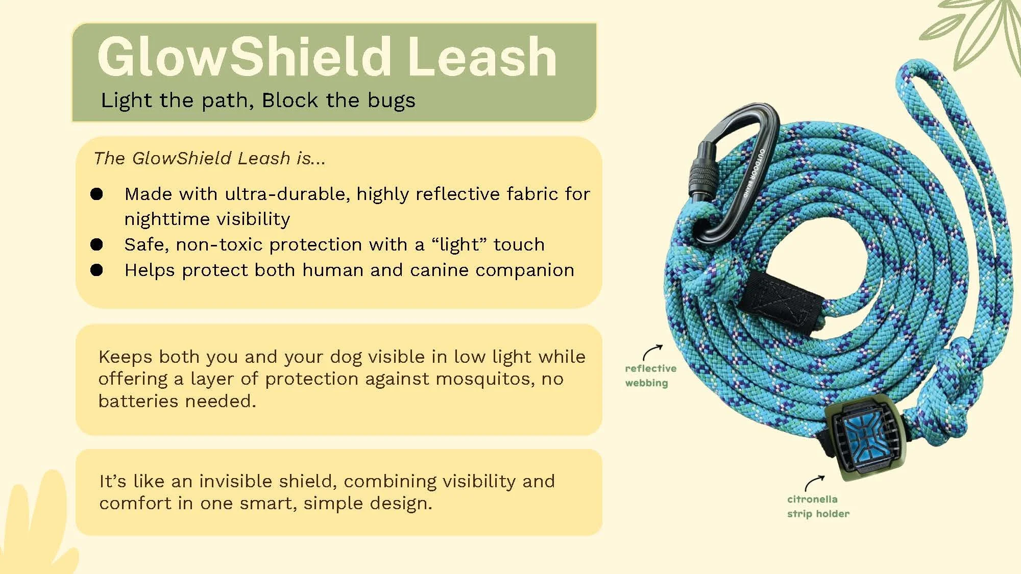 A coiled blue and green braided dog leash with a black carabiner clip, a digital counter, and a citronella strip holder on a beige background, featuring text describing the features of the GlowShield Leash.