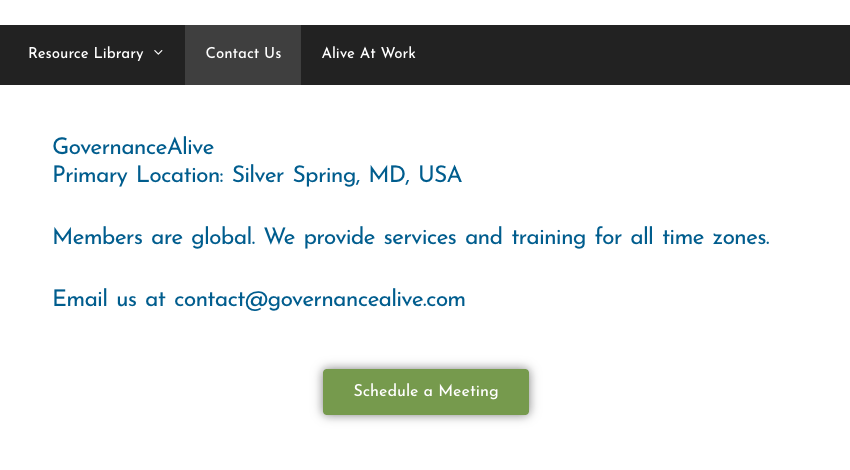 A webpage header with navigation options and contact information for GovernanceAlive, based in Silver Spring, Maryland, USA, with a green button labeled 'Schedule a Meeting'.