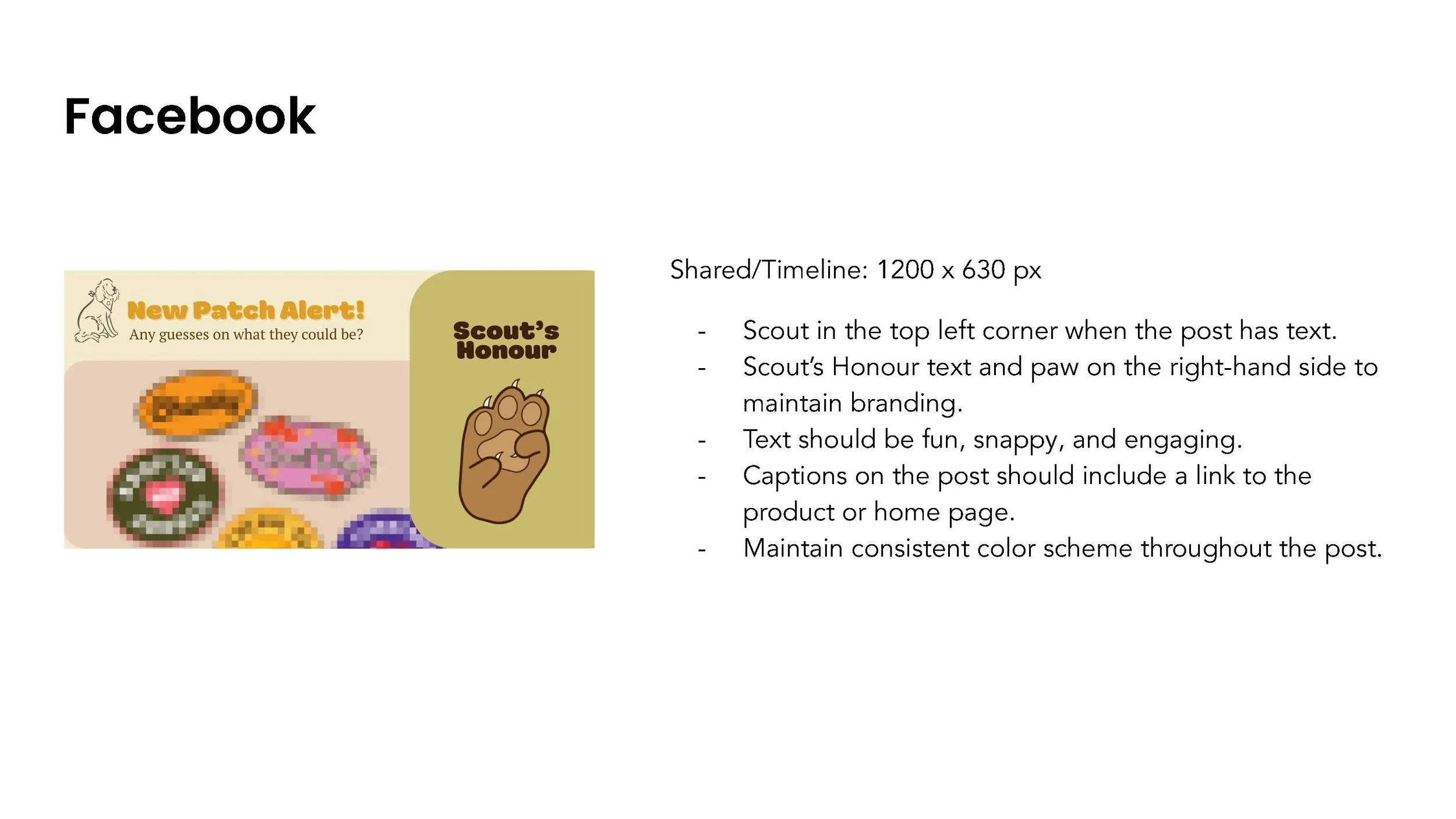 A Facebook post example with a yellow section showcasing pixelated images of colorful donuts and a cartoon paw print with the text 'Scout's Honour'.